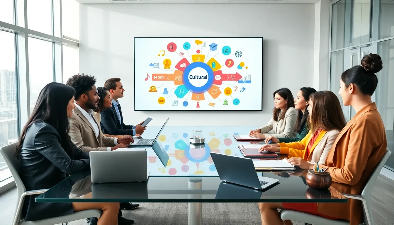 diverse professionals discussing cultural diffusion in a modern office.
