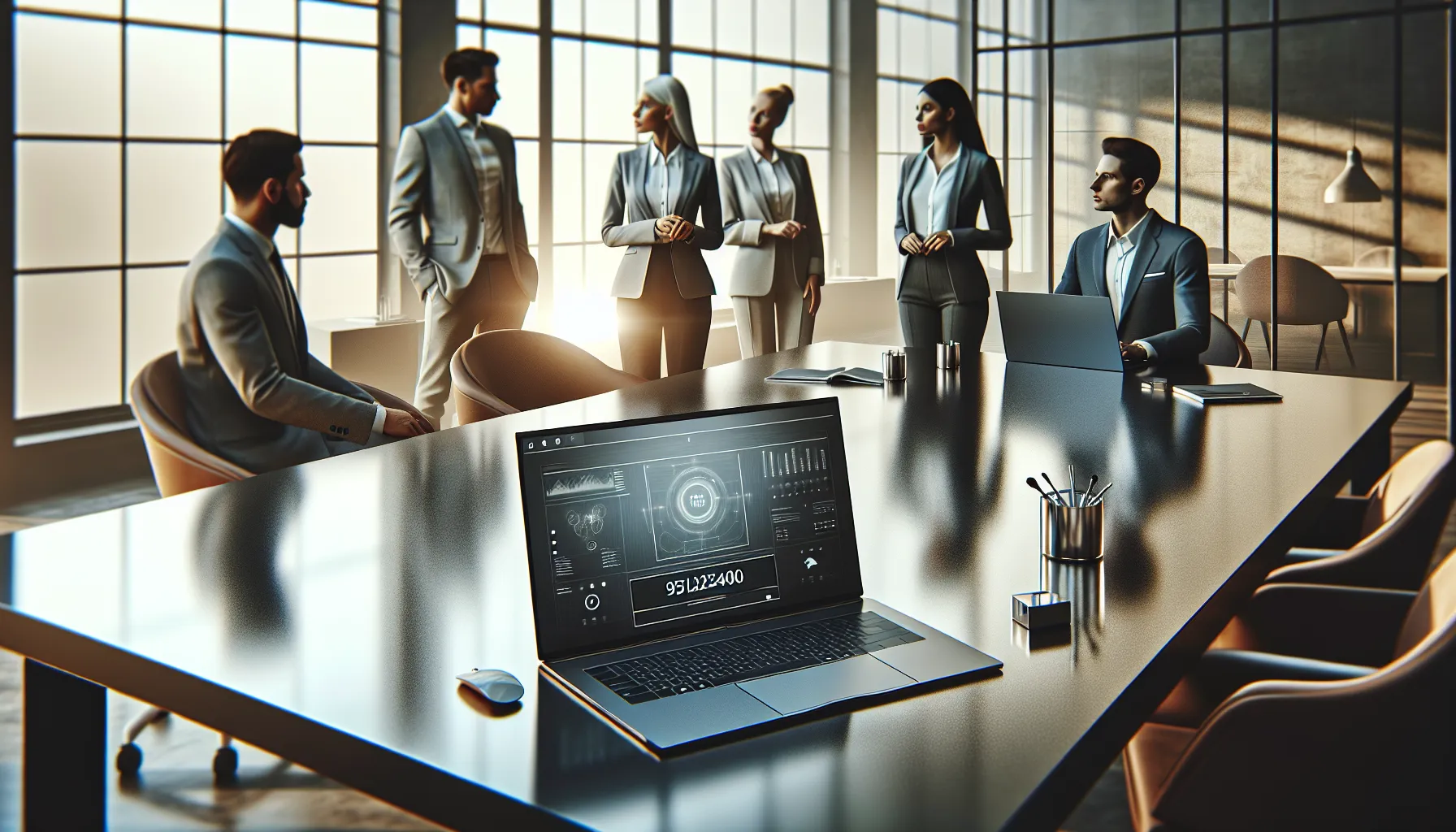 team discussing a digital display showing the number 9512256400.