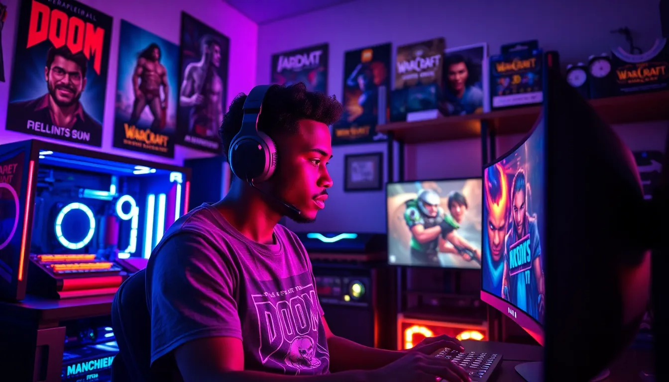 a focused gamer in a modern gaming room surrounded by retro and contemporary gaming memorabilia.