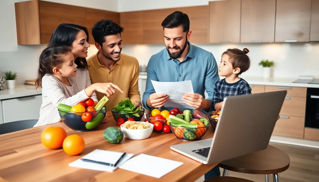 family discussing grocery list in a bright kitchen.