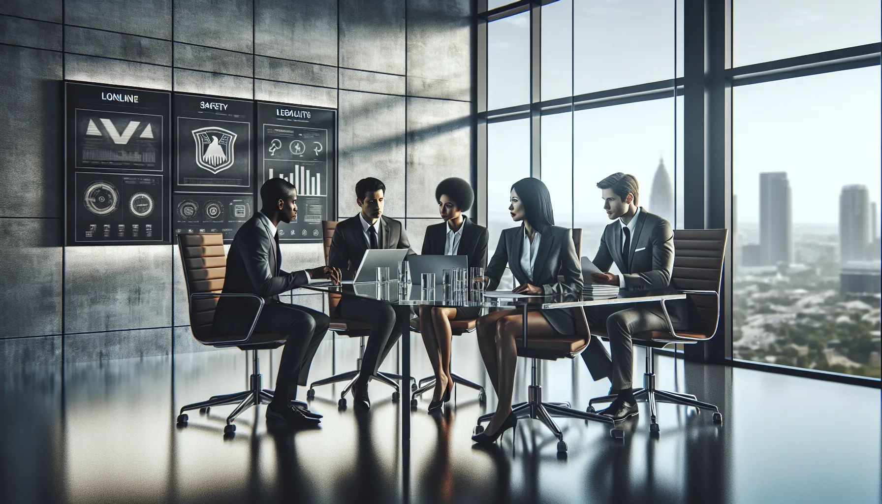professionals discussing online streaming safety in a modern office.