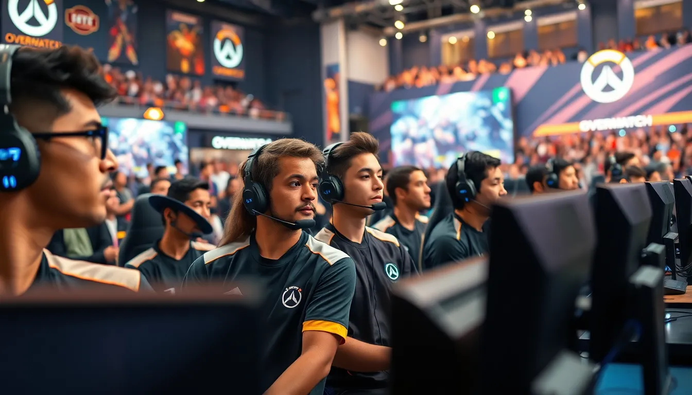 gamers focused on screens in an esports arena during an Overwatch match.