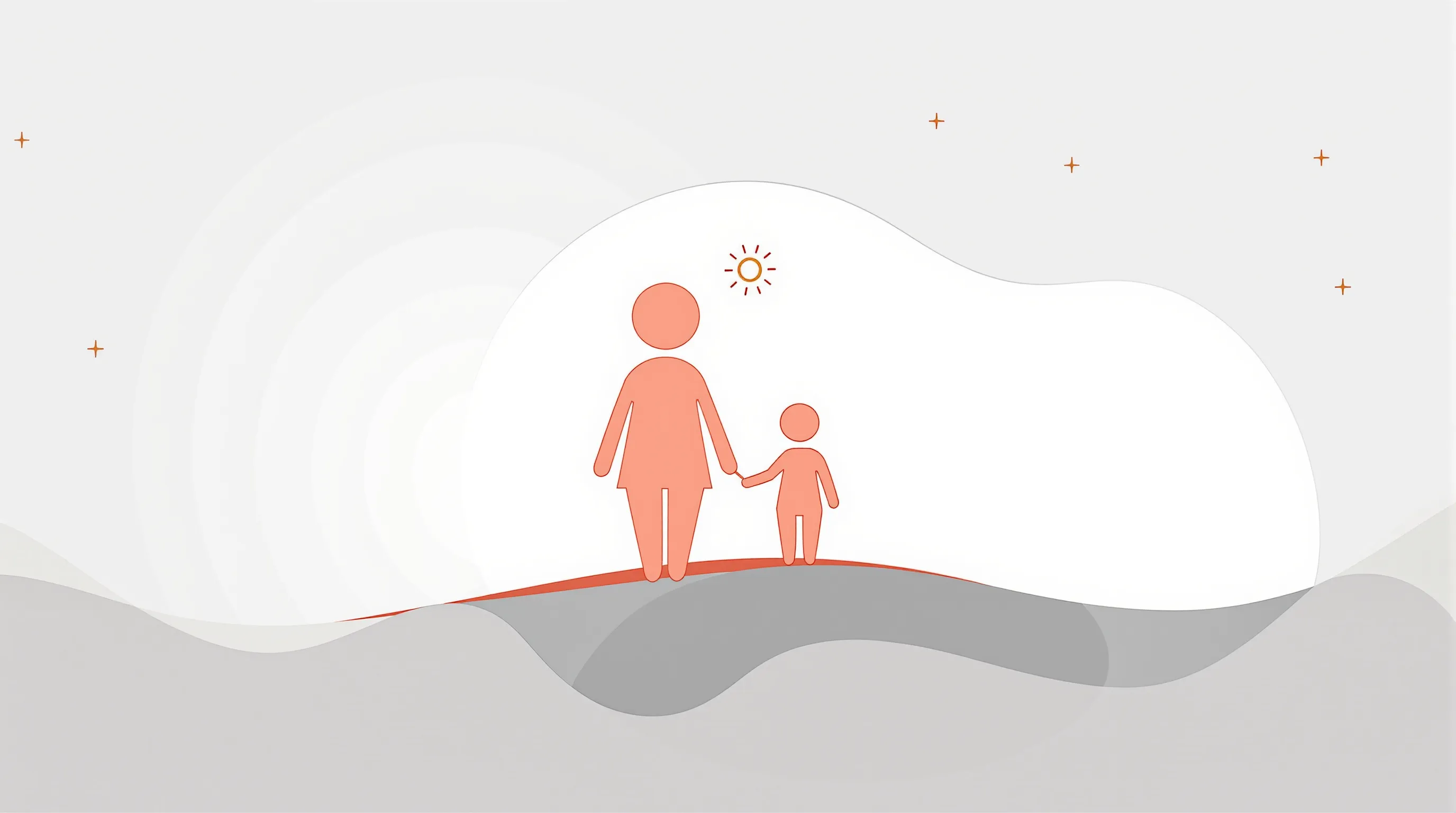 Parent and child silhouettes connected by a heart line on white background.