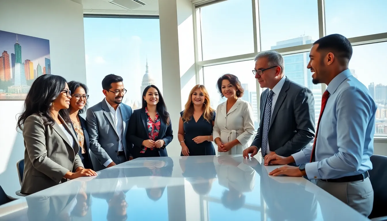 a diverse real estate team collaborating in a modern office.