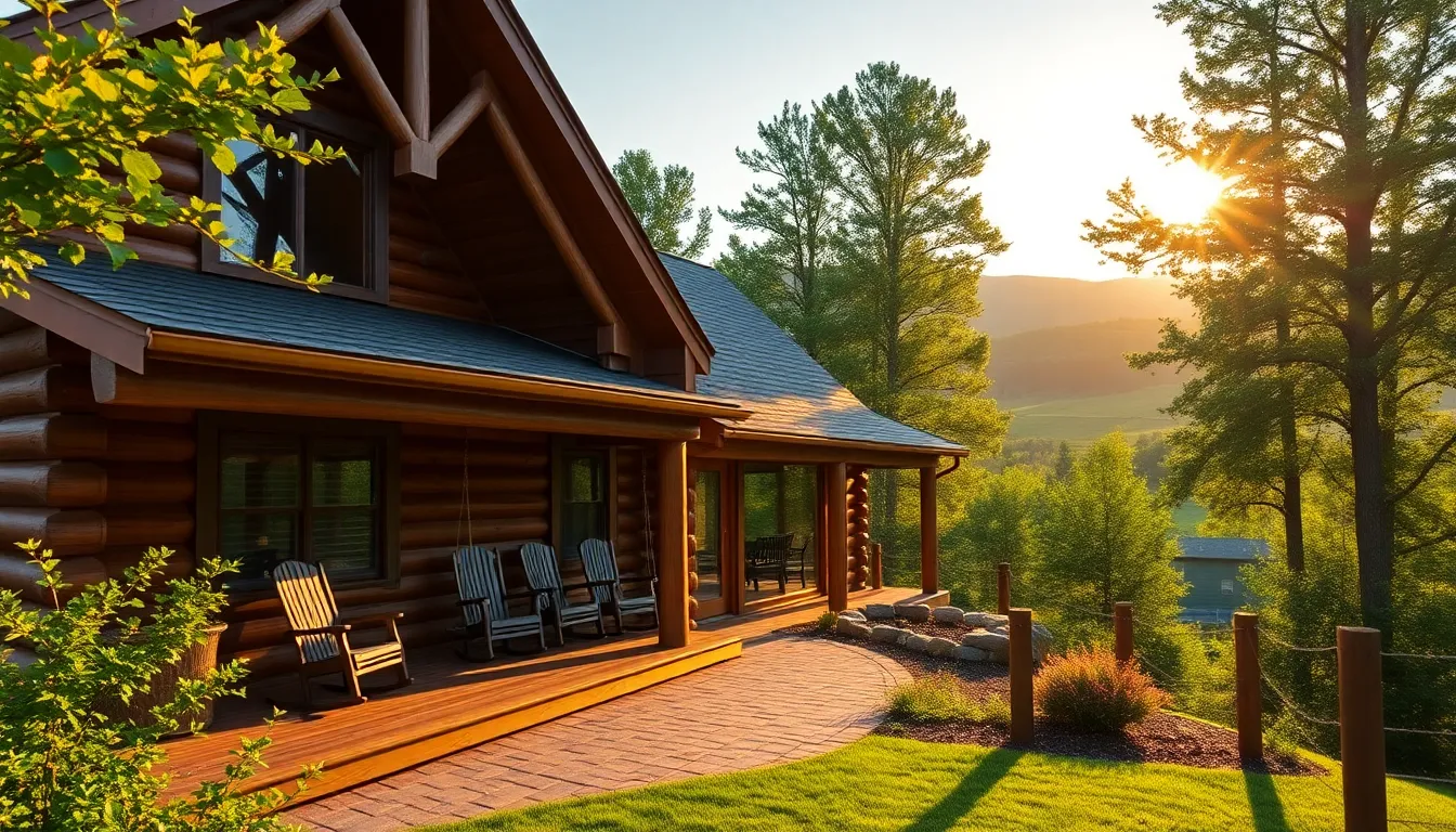log home with wrap around porch in a natural setting.