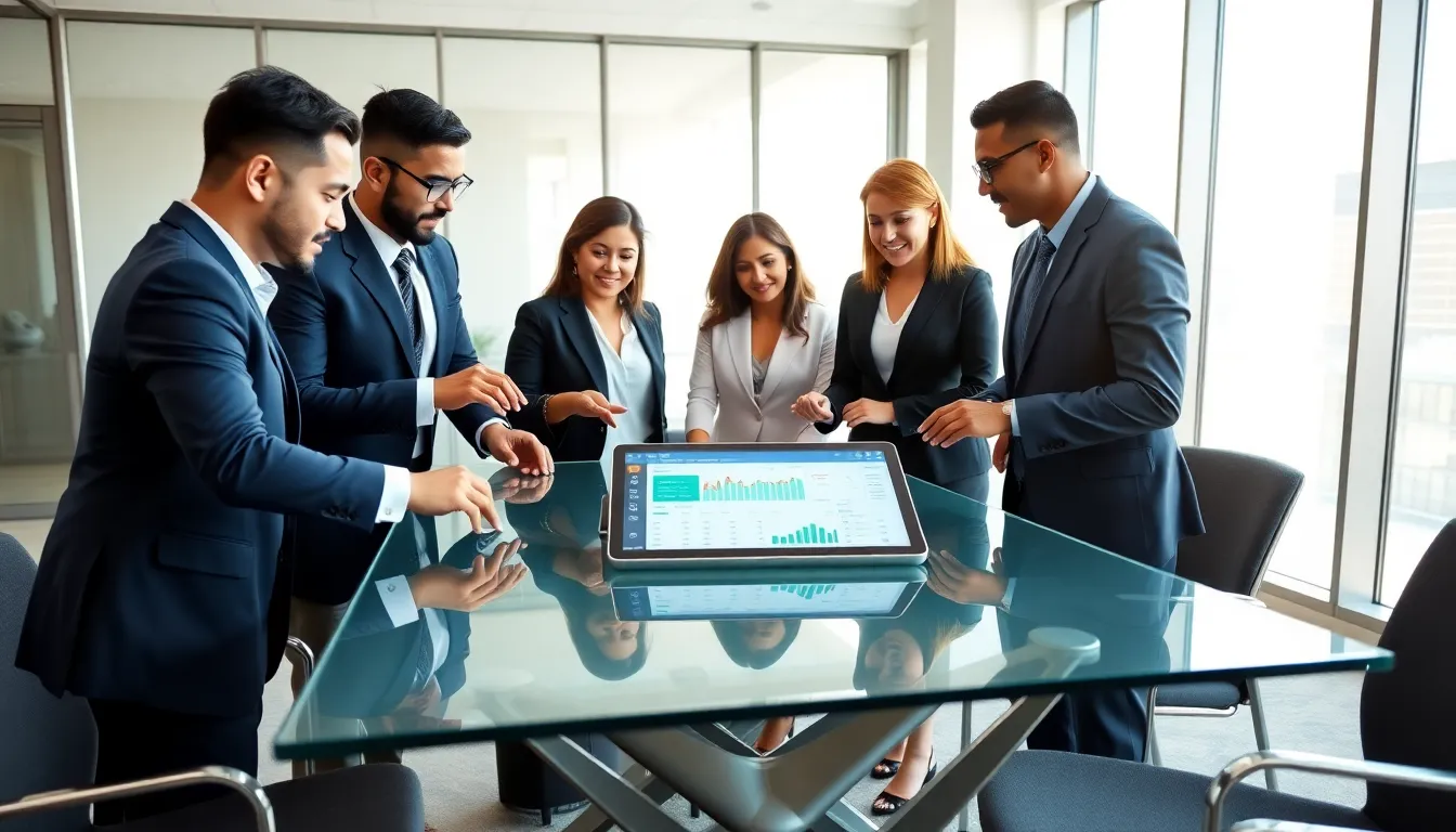 diverse team discussing folio investing strategies in a modern office.