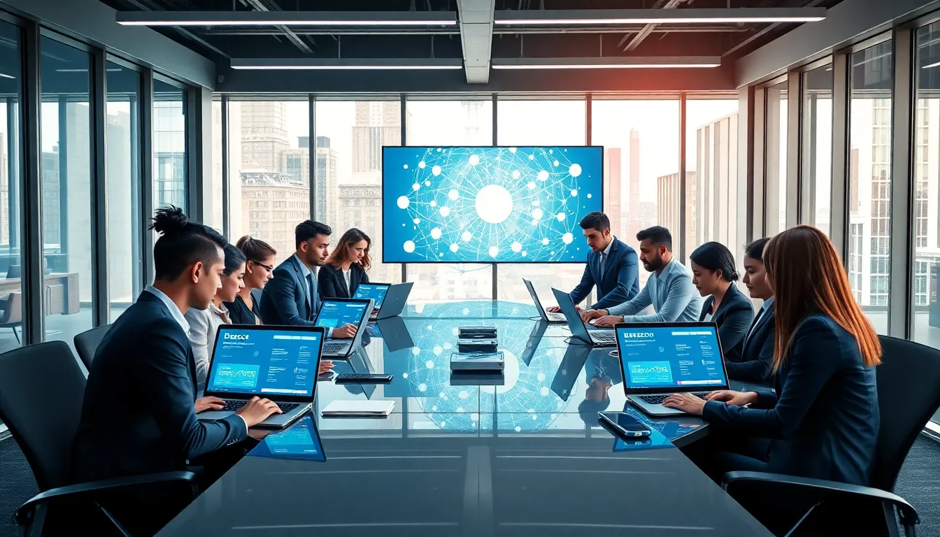 diverse team collaborating in a modern office around digital devices.