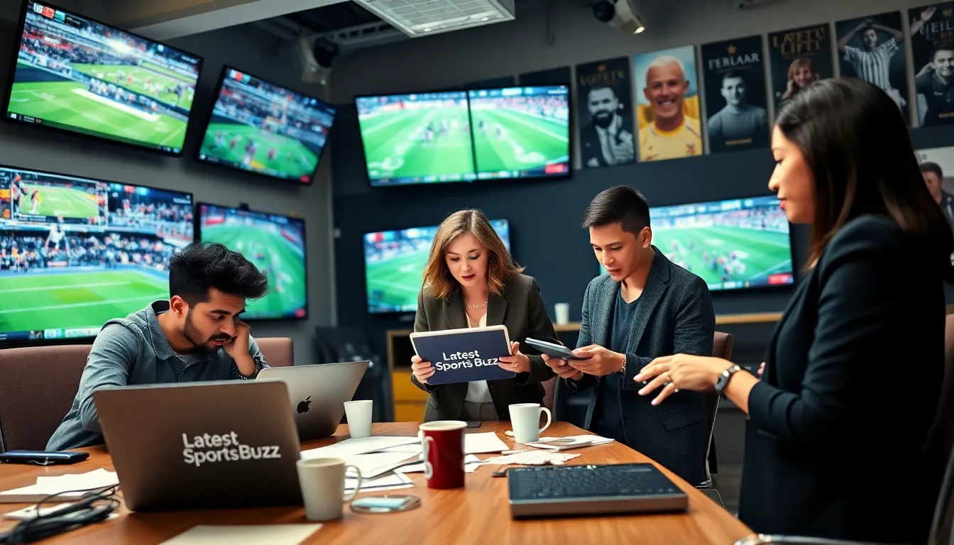 journalists in a sports newsroom discussing updates and analysis.