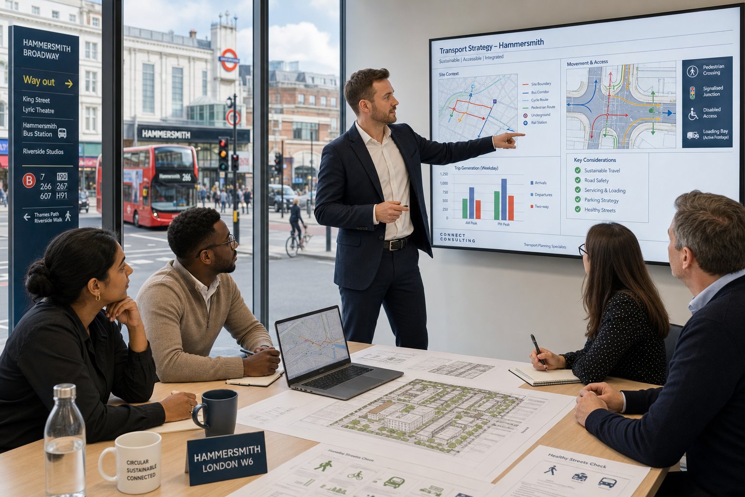 Traffic engineer presenting development transport plans in a modern Hammersmith office.
