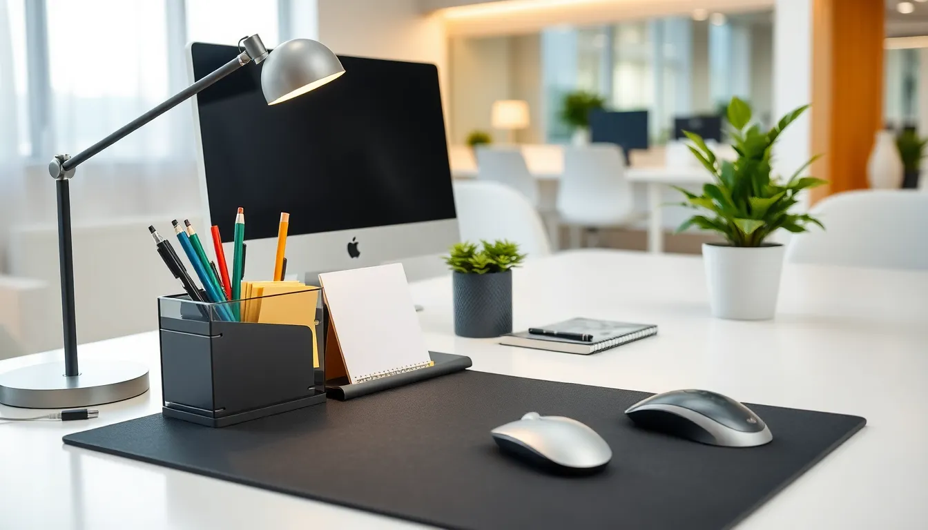 modern computer desk with stylish accessories and plants.