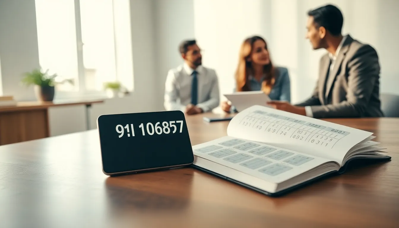 Smartphone displaying phone number in a modern office setting.