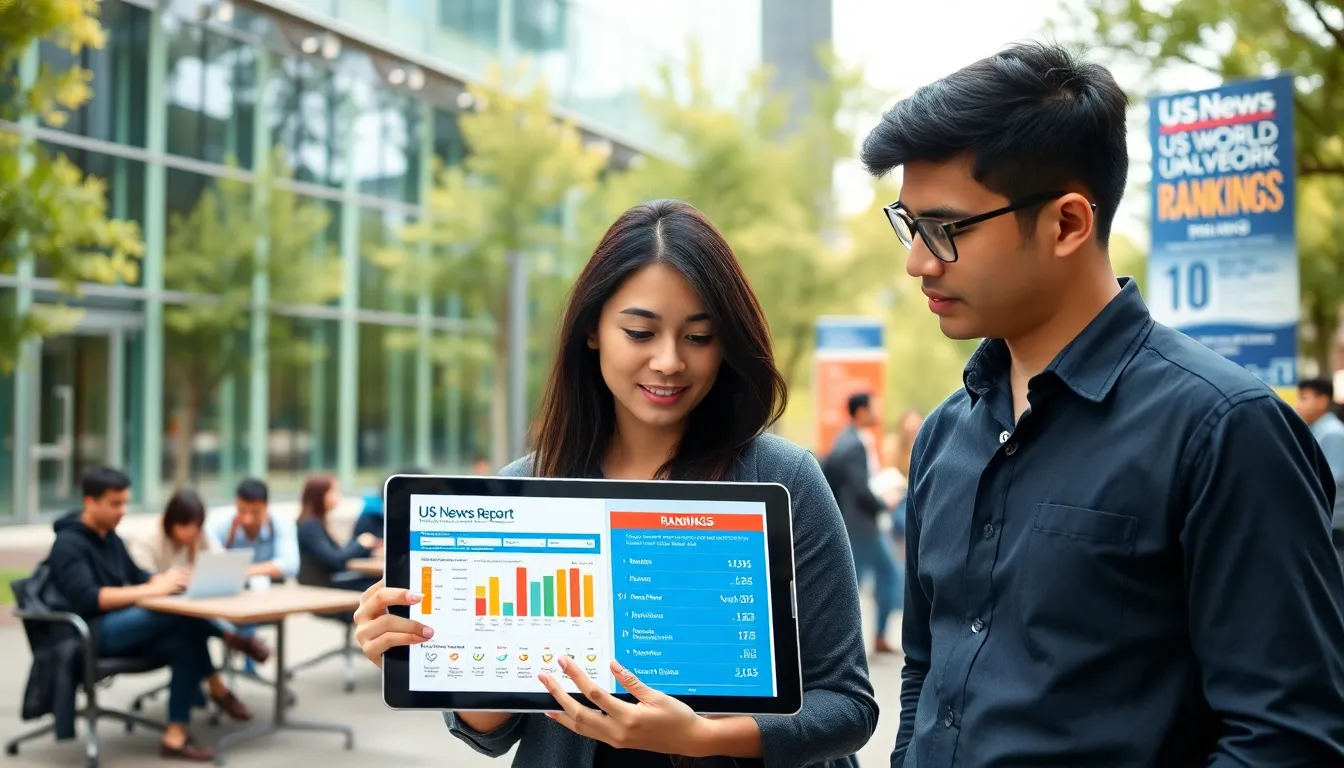 students discussing university rankings on a modern campus.