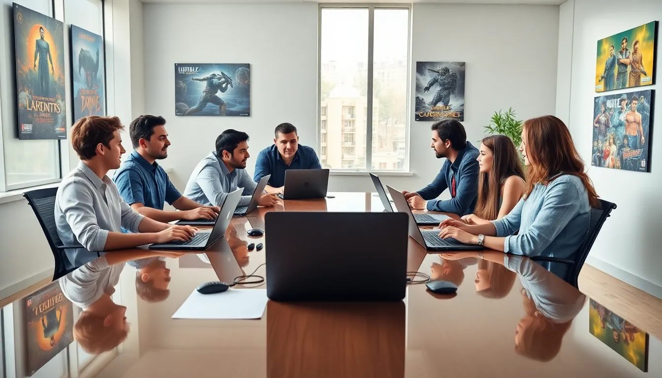 diverse gamers collaborating in a modern workspace.