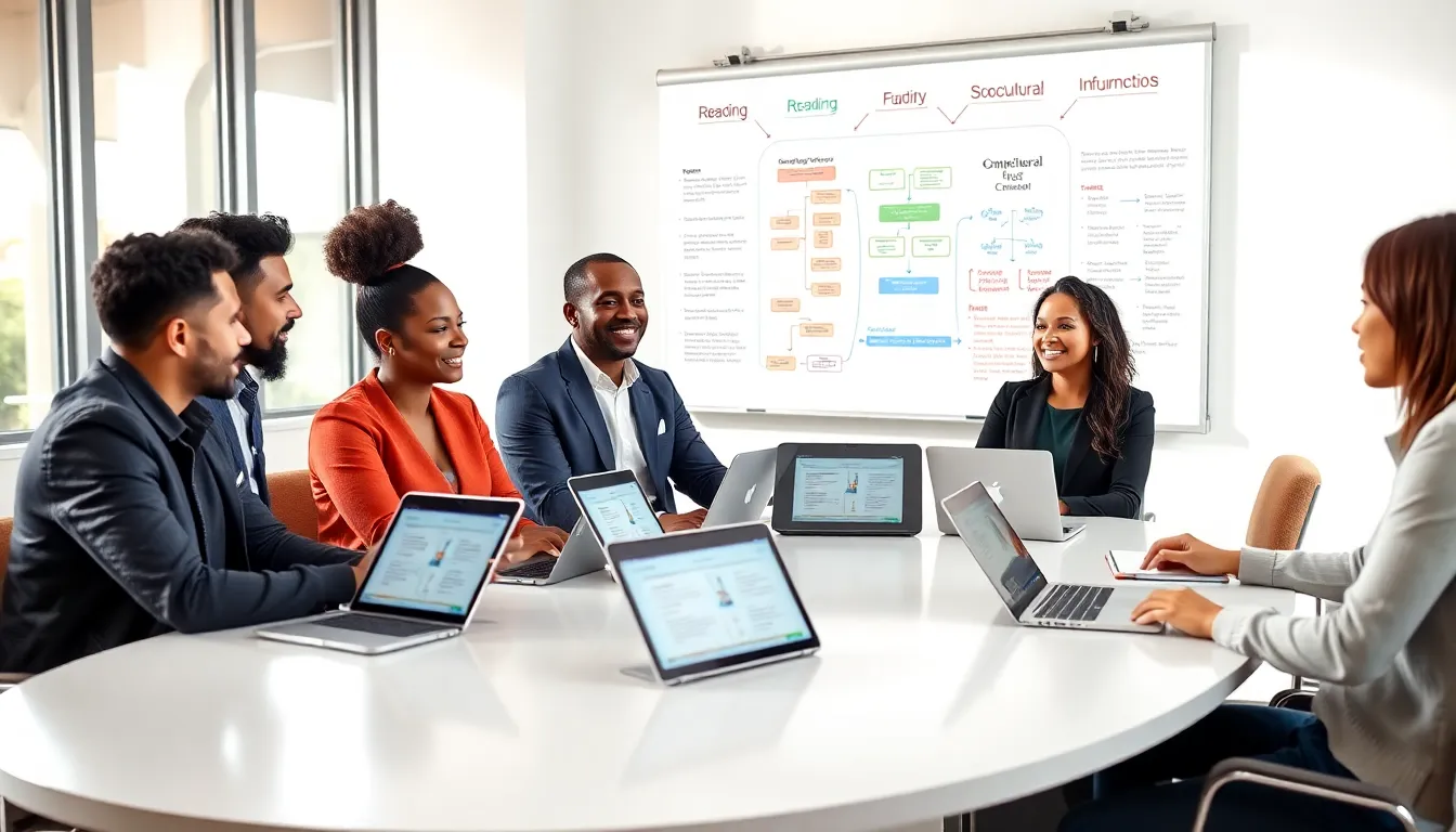 diverse adult learners collaborating in a reading and literacy classroom.