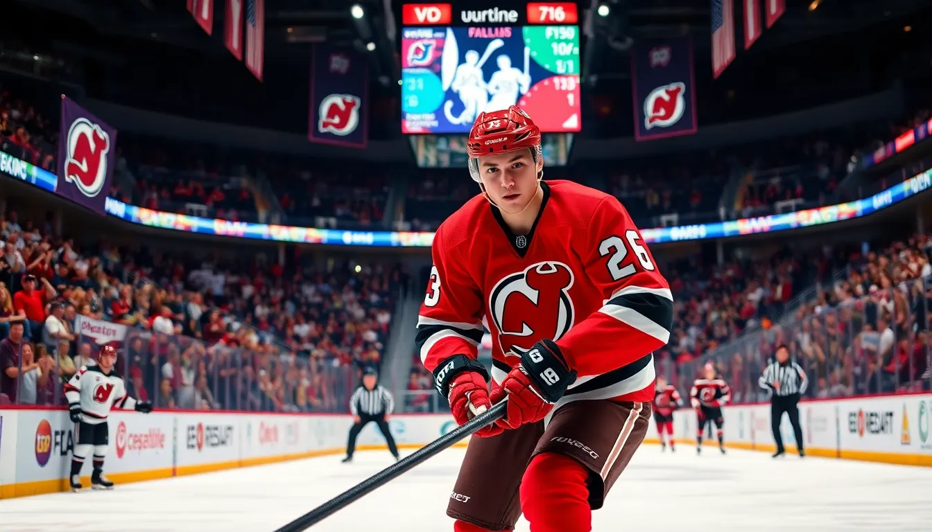 Jack Hughes skating on ice during an exciting hockey game in a packed arena.