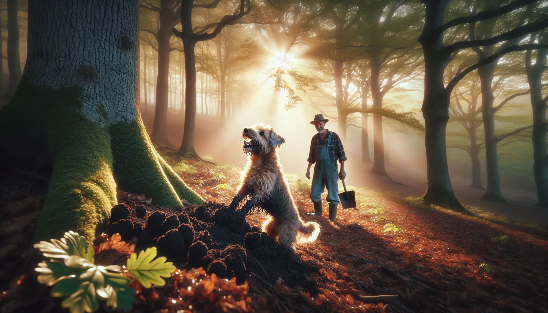 A farmer and dog searching for truffles in a misty woodland.