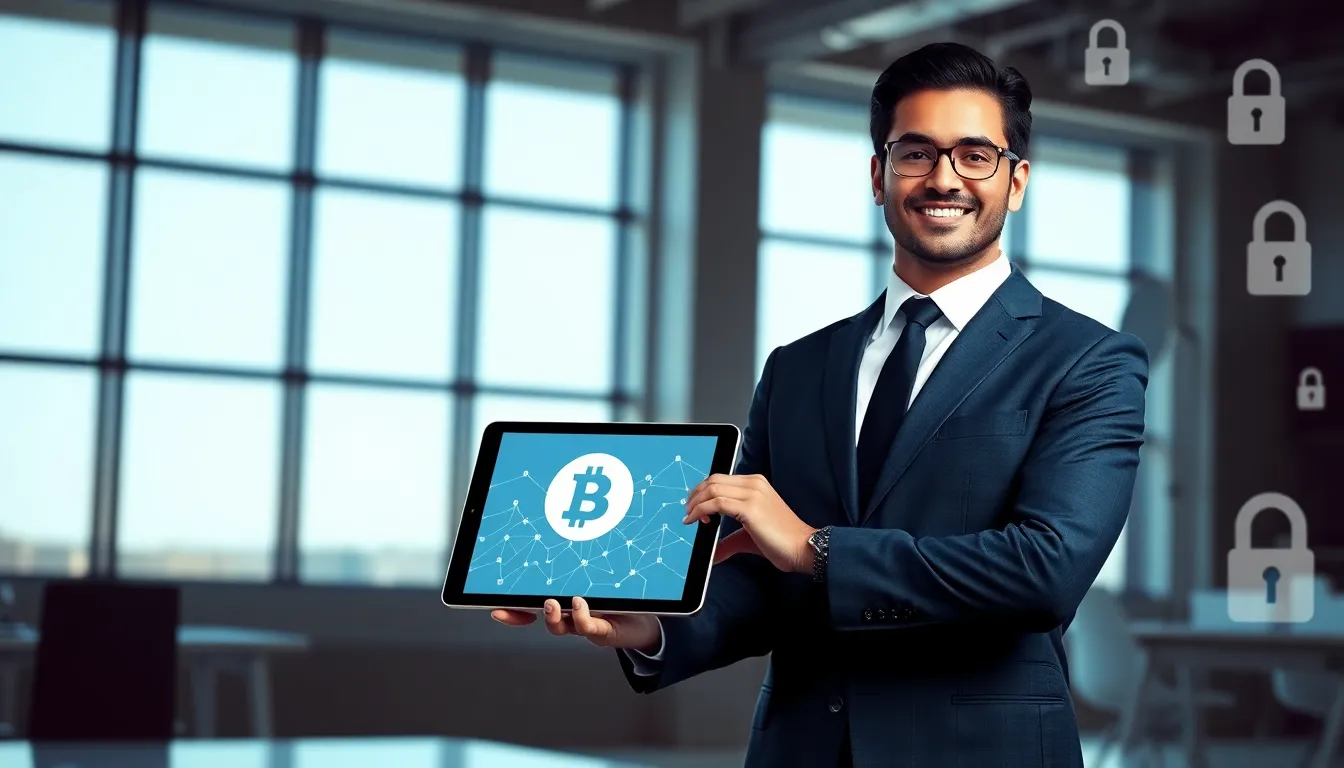 Professional focusing on Bitclassic Coin in a modern office environment.