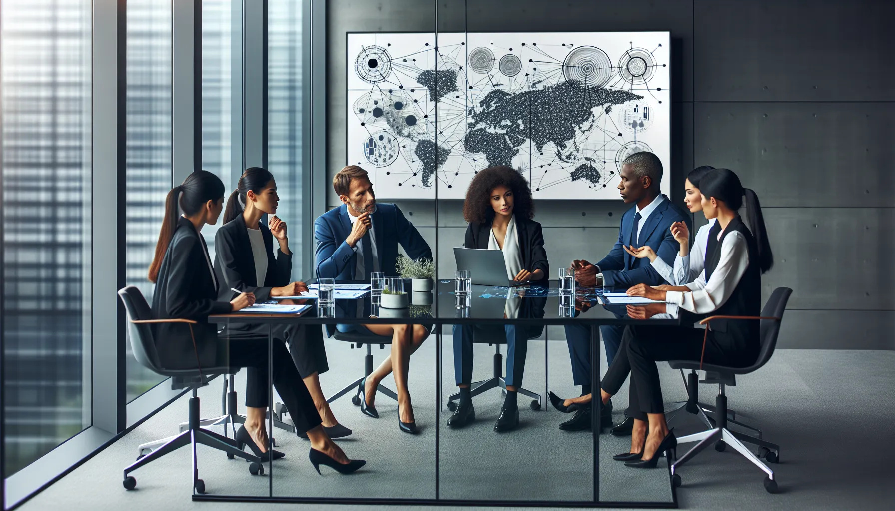 diverse team discussing interconnected systems in a modern office.