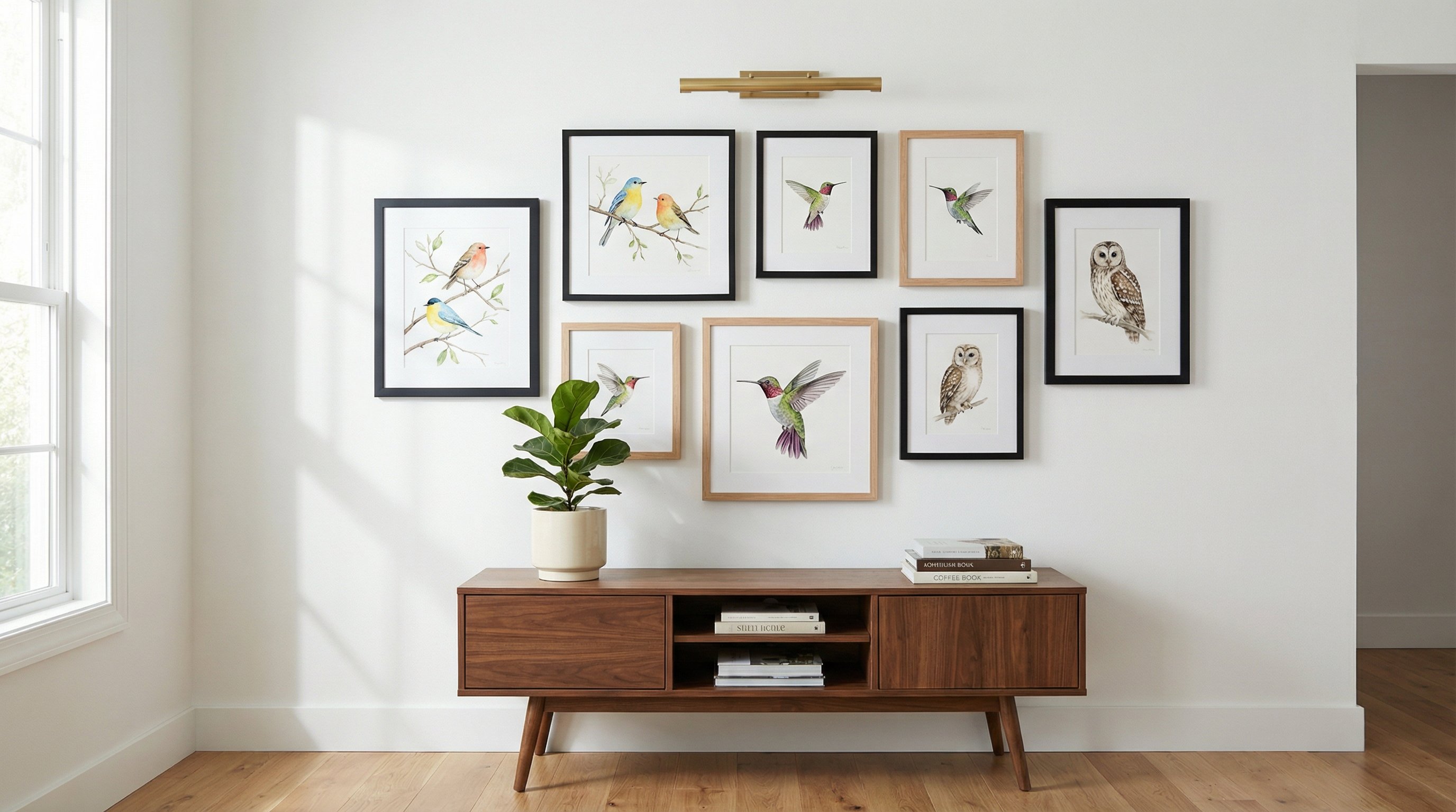 Styled gallery wall of framed bird art prints above a console table in a bright living room.