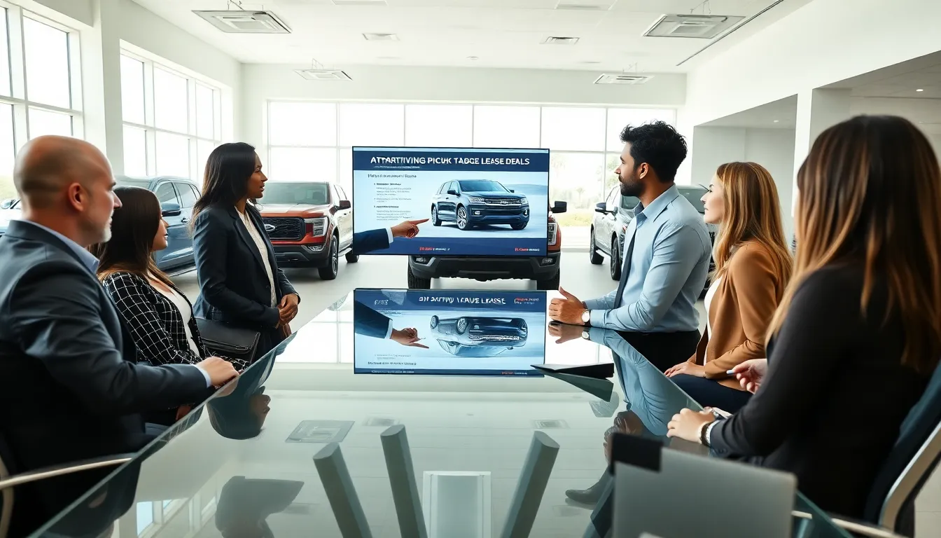 diverse team discussing pickup truck lease deals in a modern office.