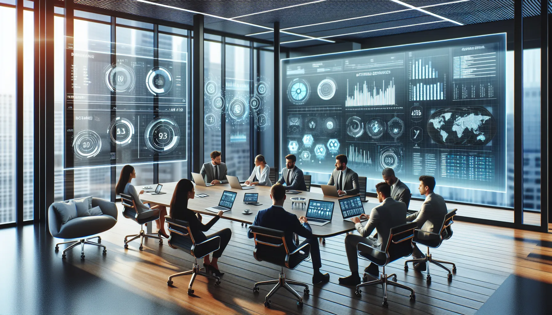 diverse team discussing data analytics in a modern office.