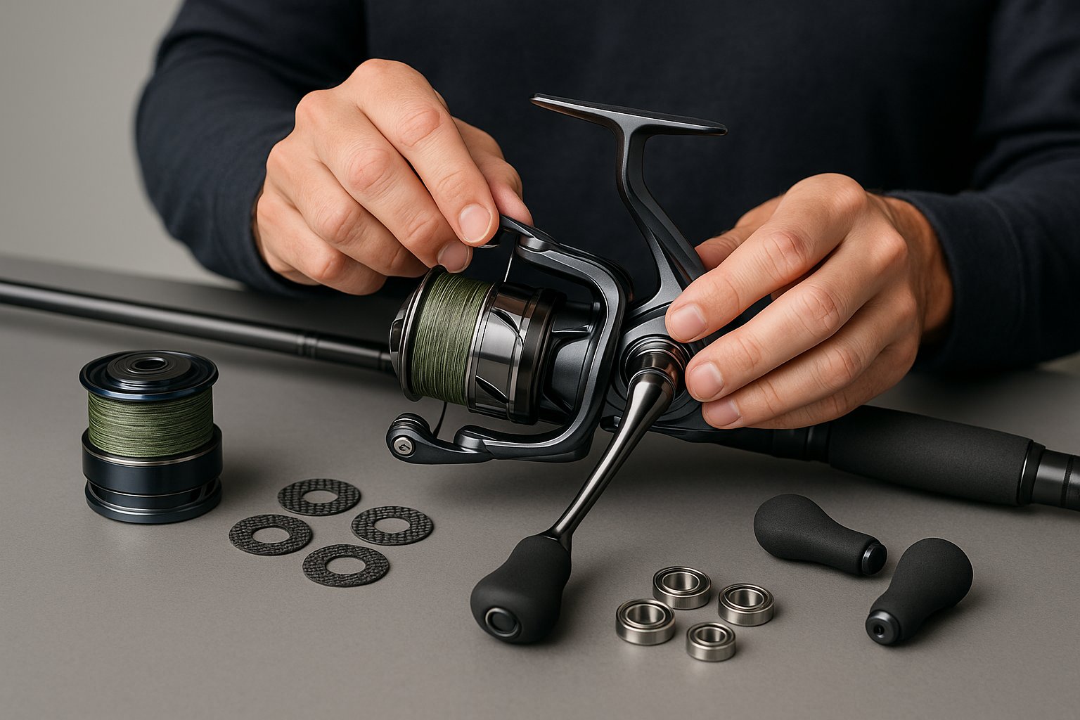Fishing reel with upgraded line, drag parts, bearings, and handle knobs.