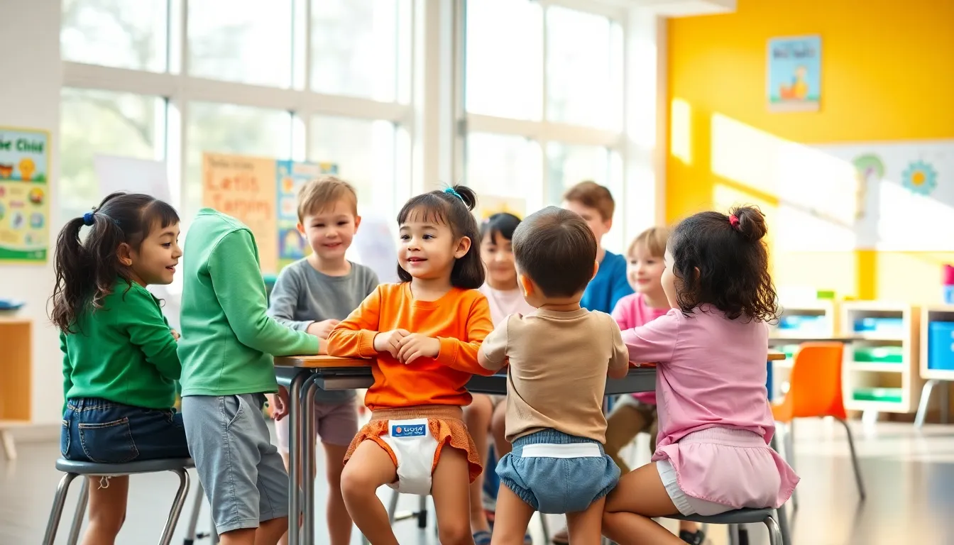 diverse older kids in a classroom, some wearing discreet diapers.