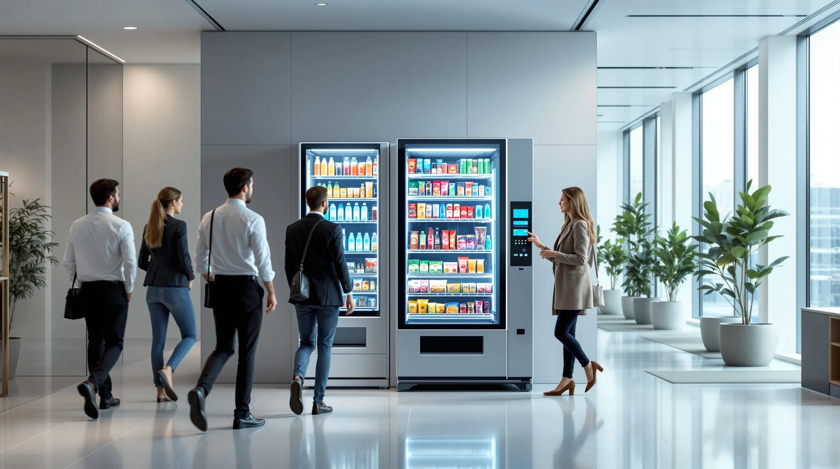 Modern vending machine in a corporate office with professionals nearby.
