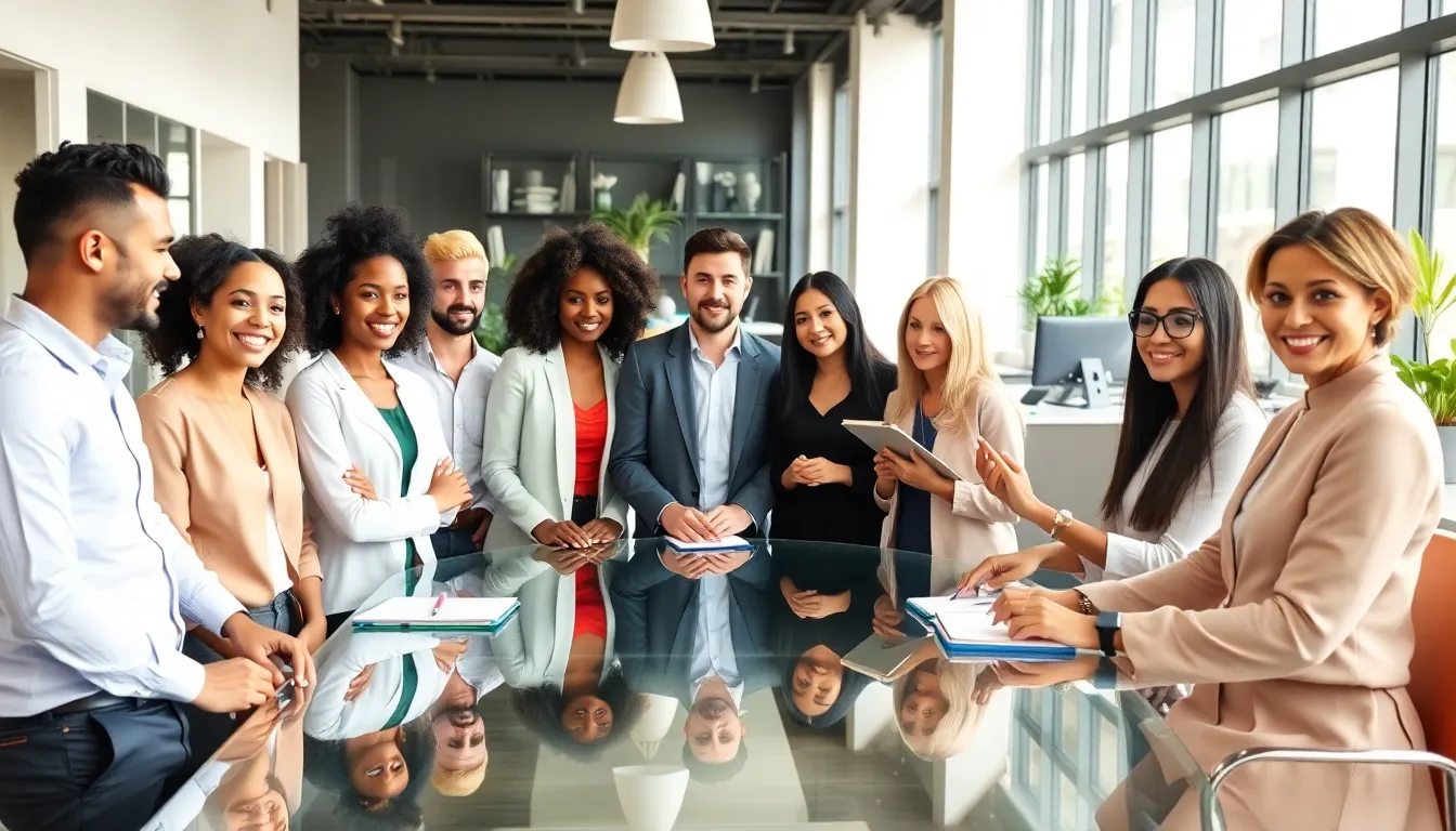 professionals discussing work-life balance in a modern office