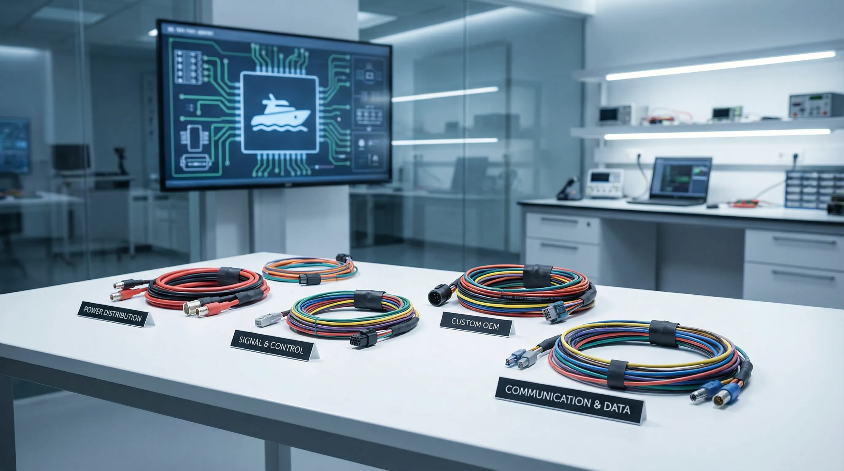 Different marine wire harnesses displayed in a modern, well-lit lab.