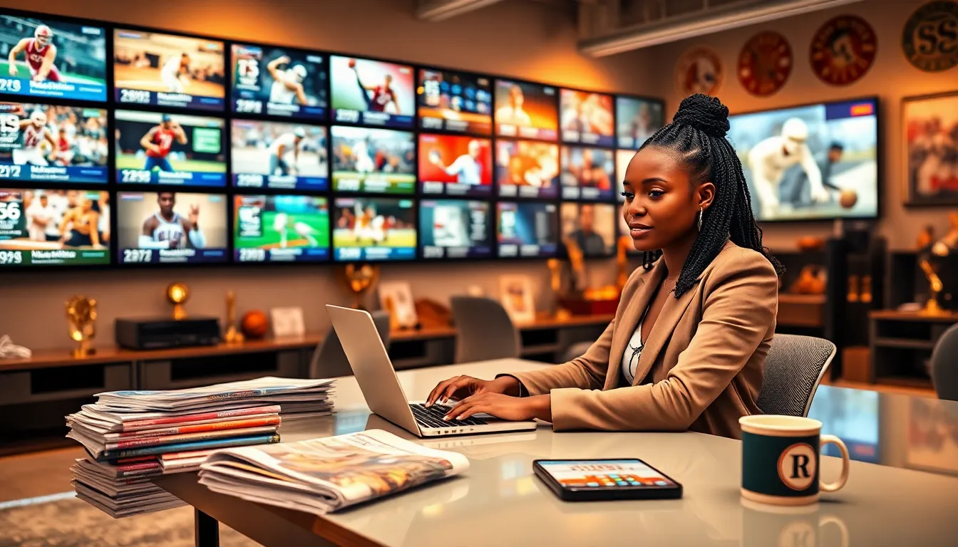 a sports archive office with screens showcasing sports highlights and a focused researcher.