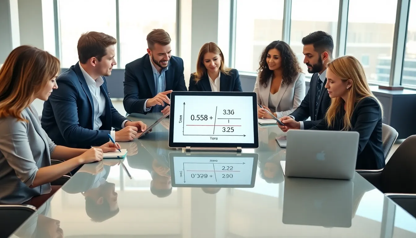 team discussing multiplication in a modern office setting.