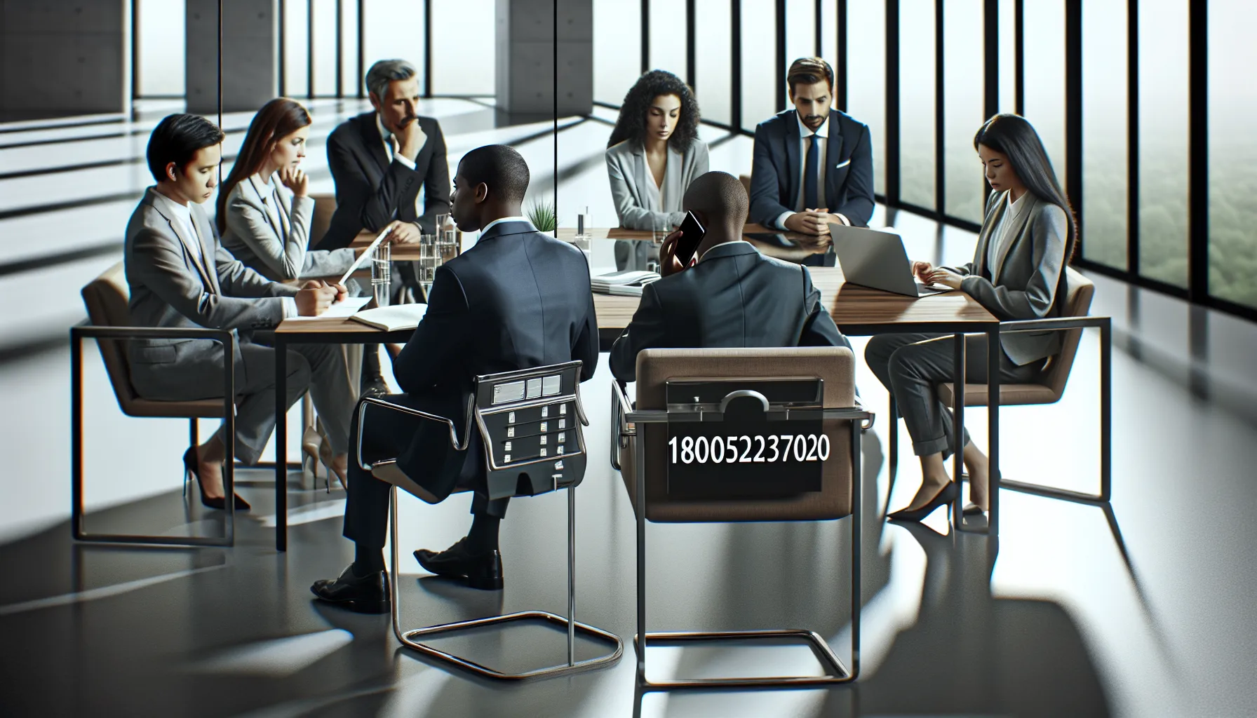 professionals in a modern office discussing helpline information.