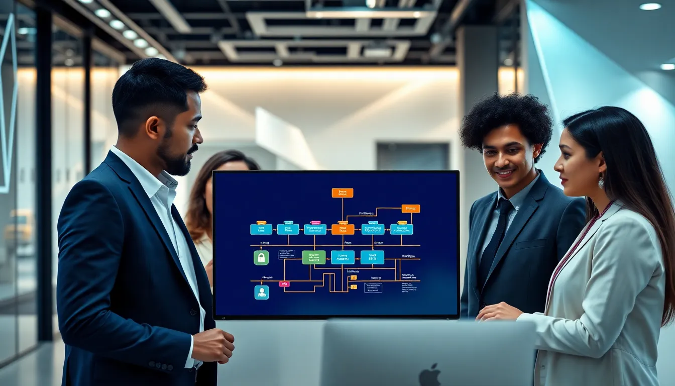 professionals discussing blockchain technology in a modern office.
