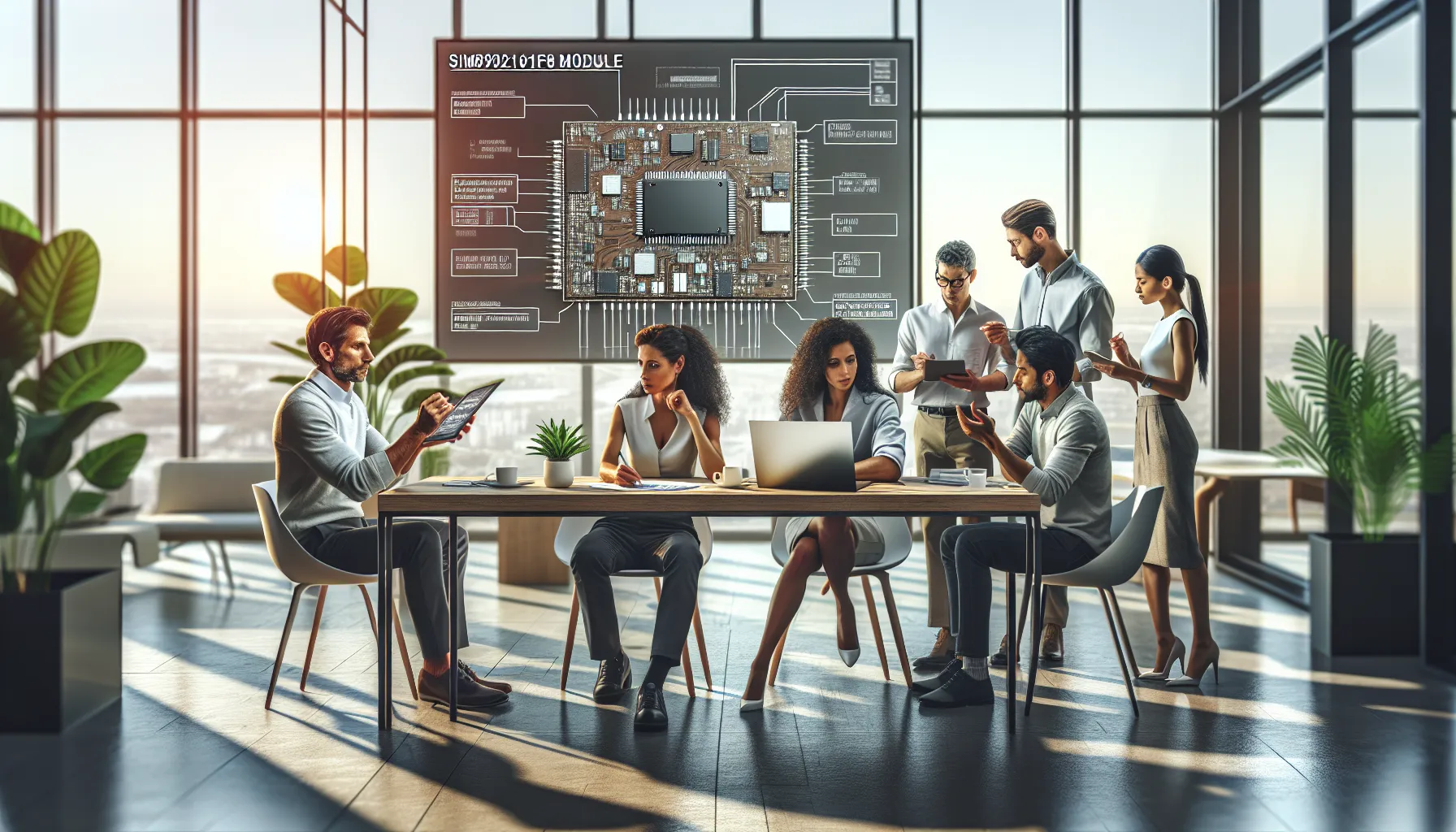 diverse team discussing the Sim980216fq8 in a modern office.