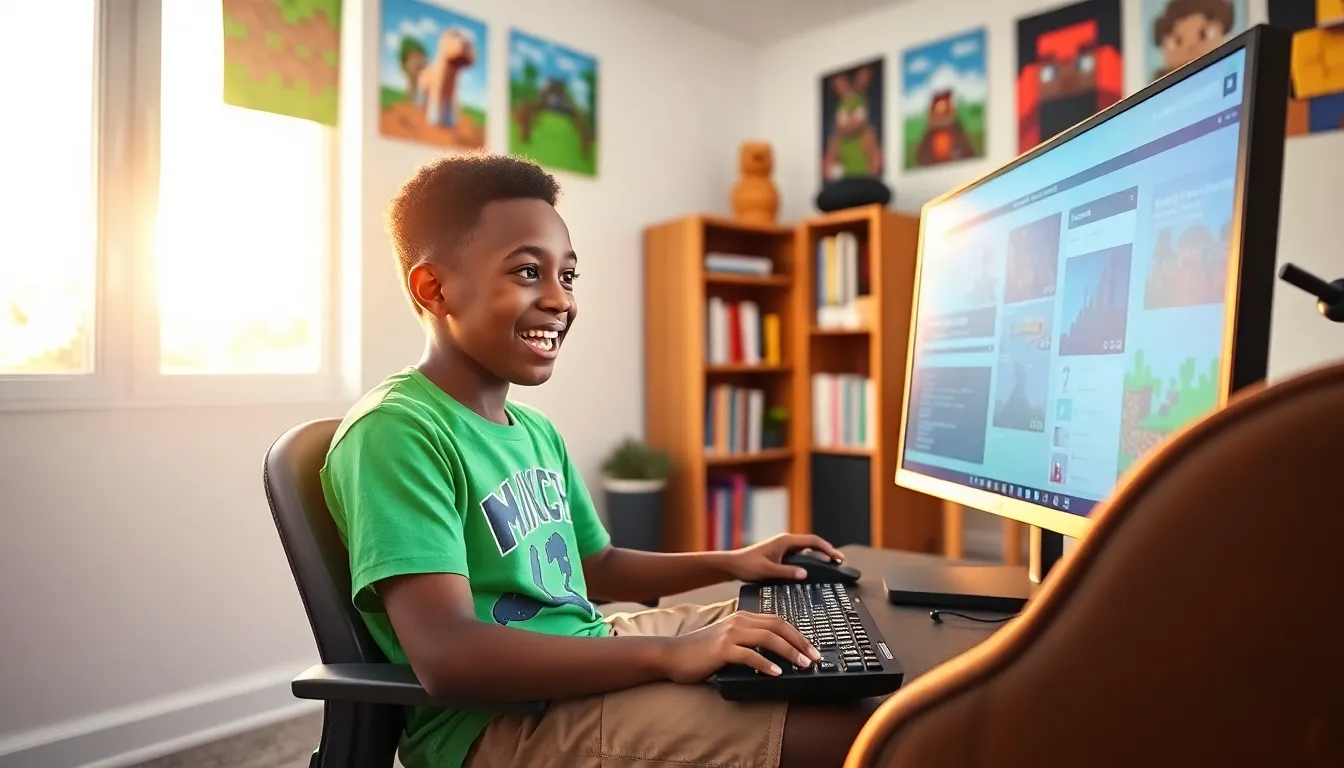 a boy playing Minecraft in a colorful gaming room.