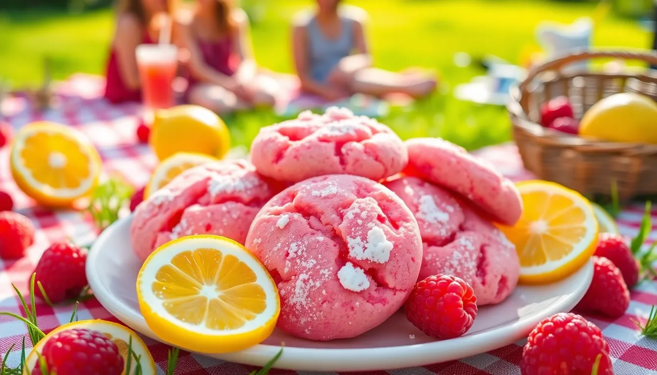 A plate of raspberry lemonade cookies surrounded by fresh raspberries and lemons.