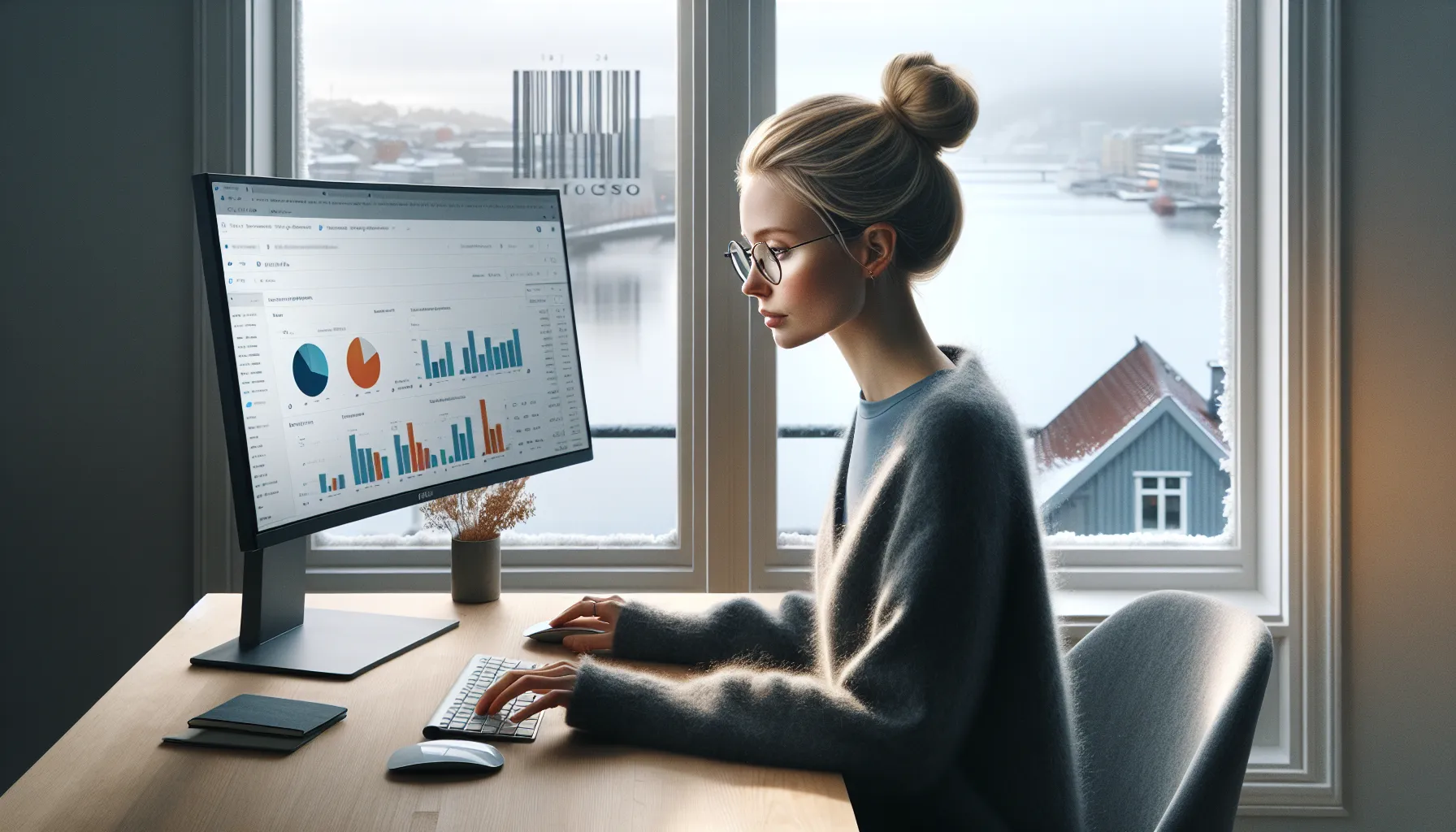 Norwegian analyst reviews traffic, behavior, conversions, and rankings dashboards on dual monitors in oslo office.