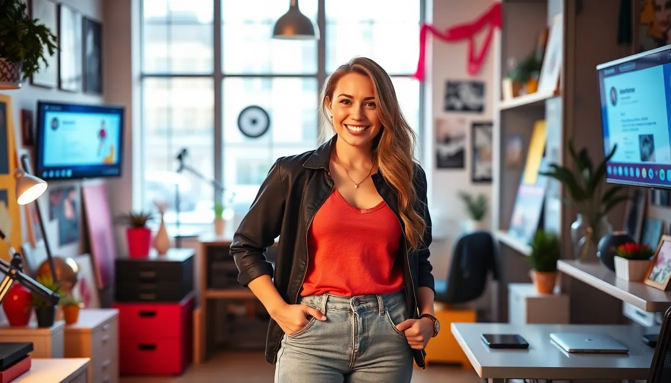 A confident young woman in a stylish urban workspace.
