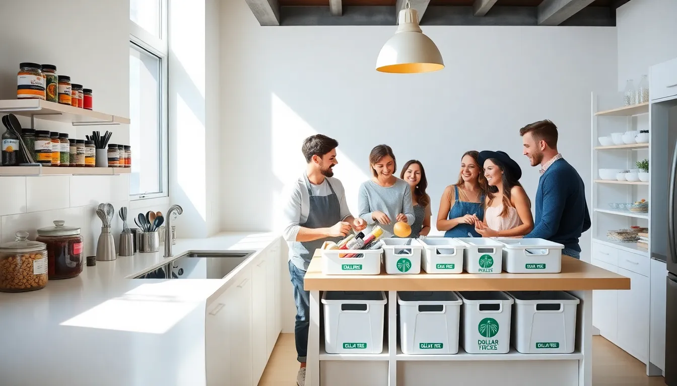 organized kitchen with Dollar Tree storage solutions and people collaborating.