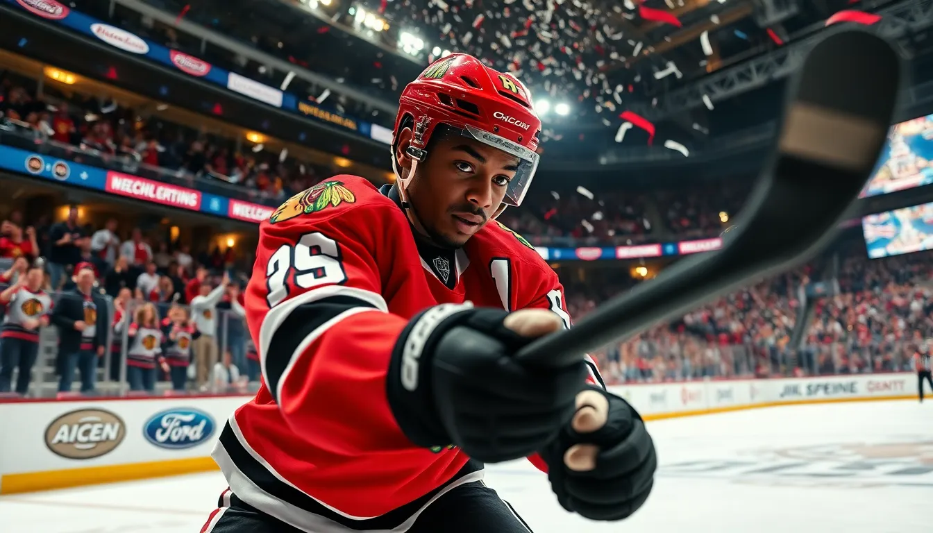 Chicago Blackhawks player taking a shot during a thrilling hockey match.