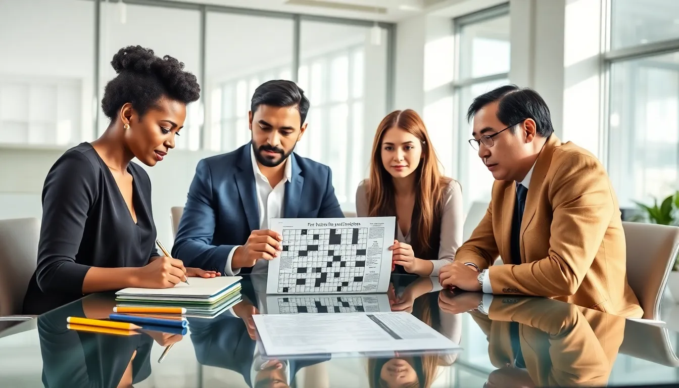 Diverse group solving a crossword puzzle in a modern office.