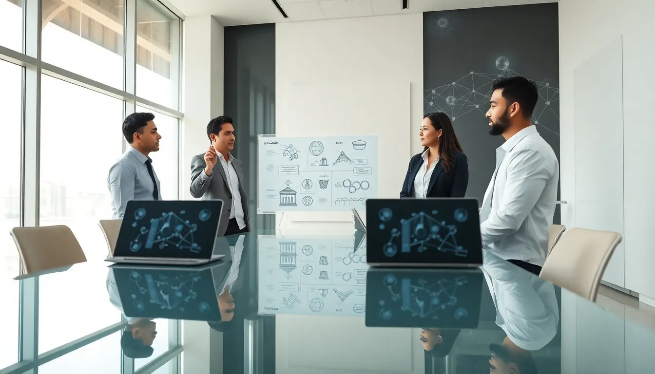 diverse team discussing blockchain technology in a modern conference room.