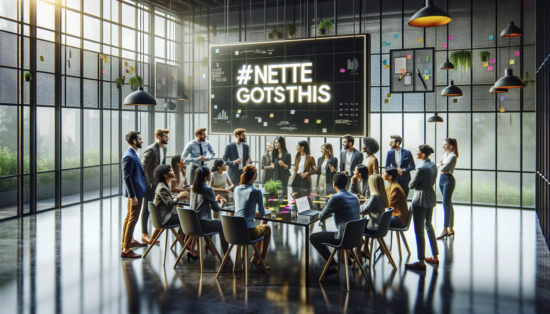 Diverse professionals discussing the Nettegotsthis movement in a modern office.