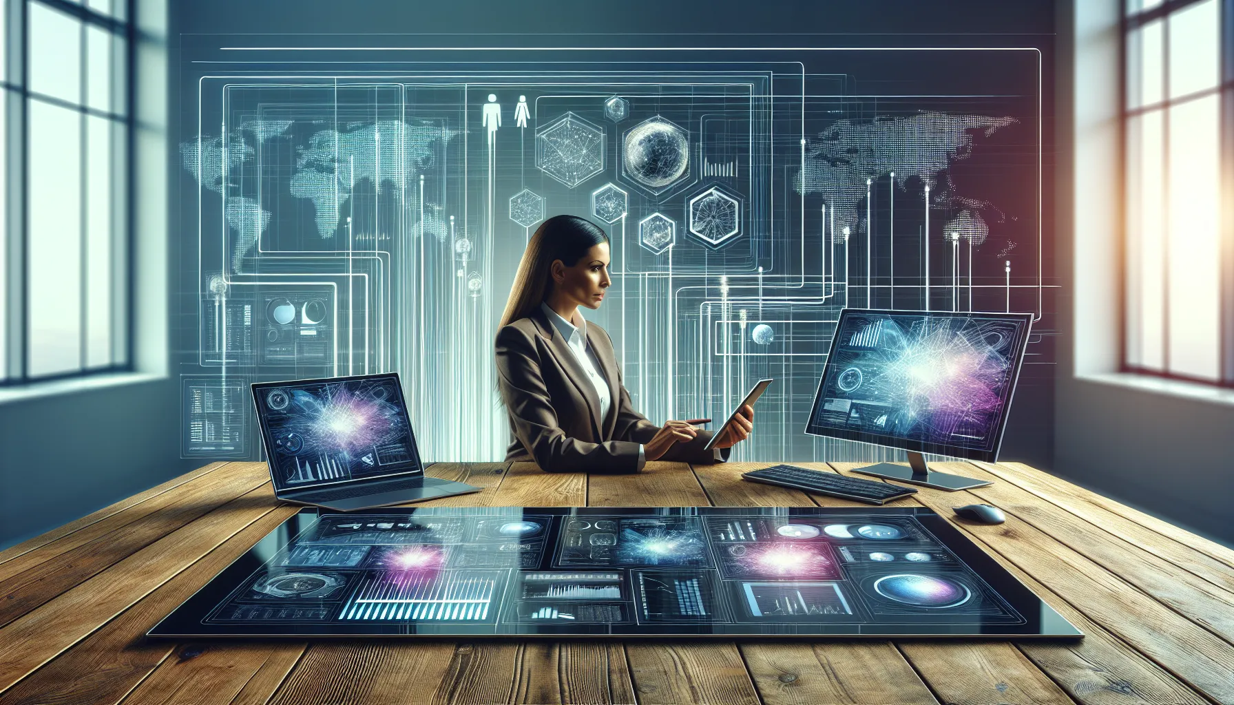 Professional analyzing IP addresses on digital devices in a modern workspace.