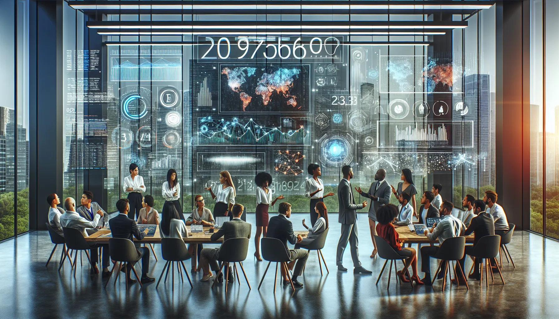 diverse team analyzing data in a modern office setting.