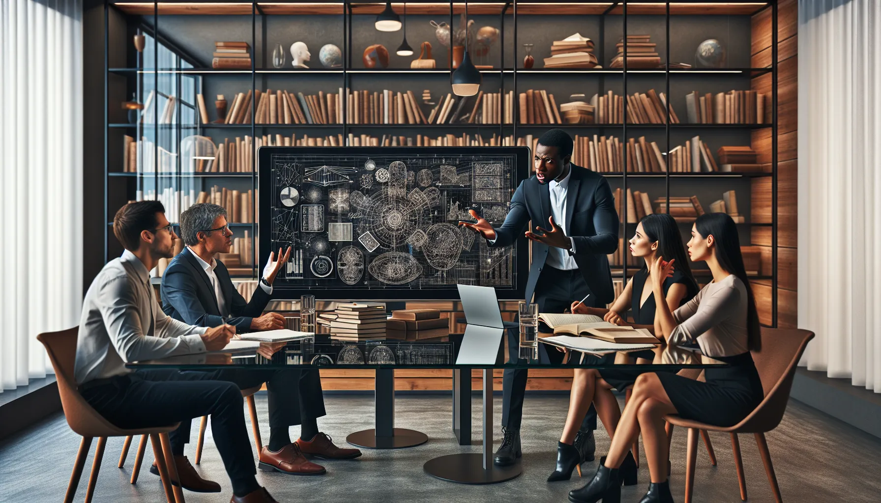 diverse linguists collaborating in a modern office setting.