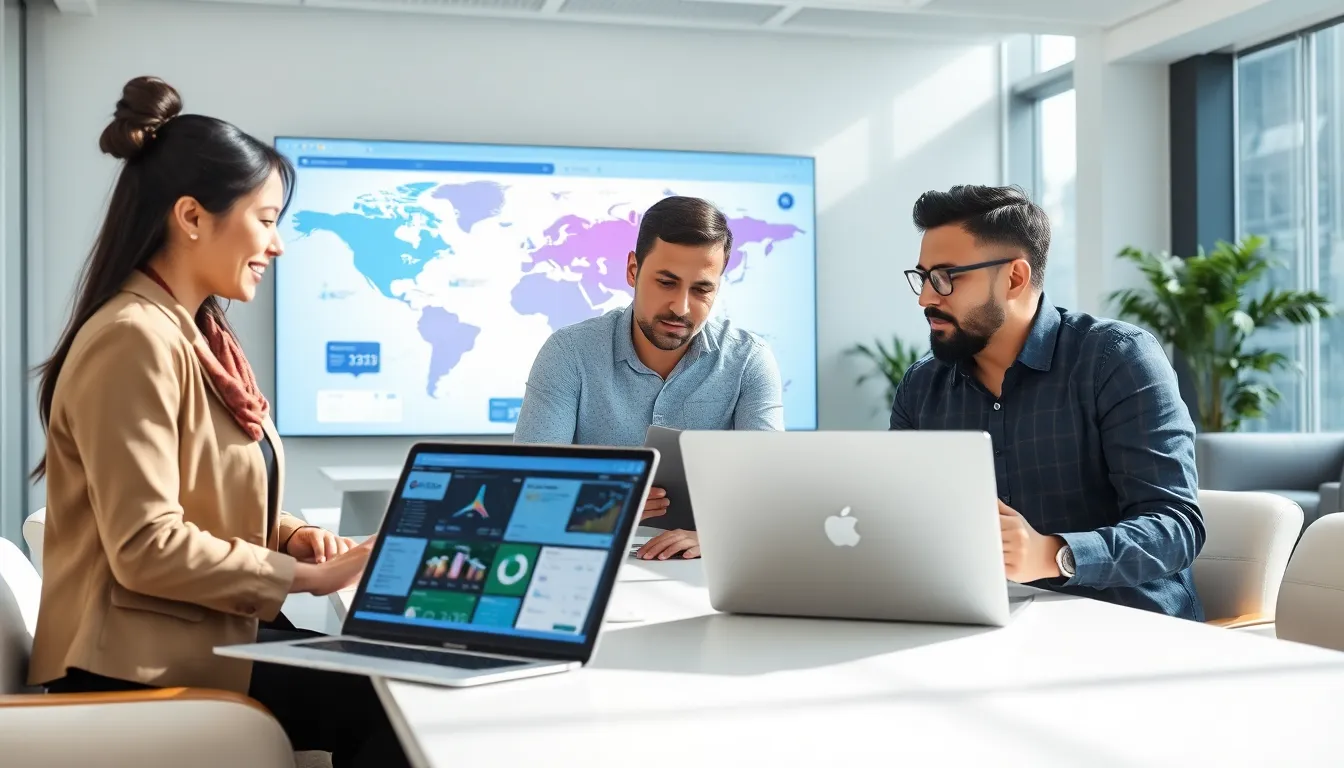 diverse team collaborating on travel software development in a modern office.