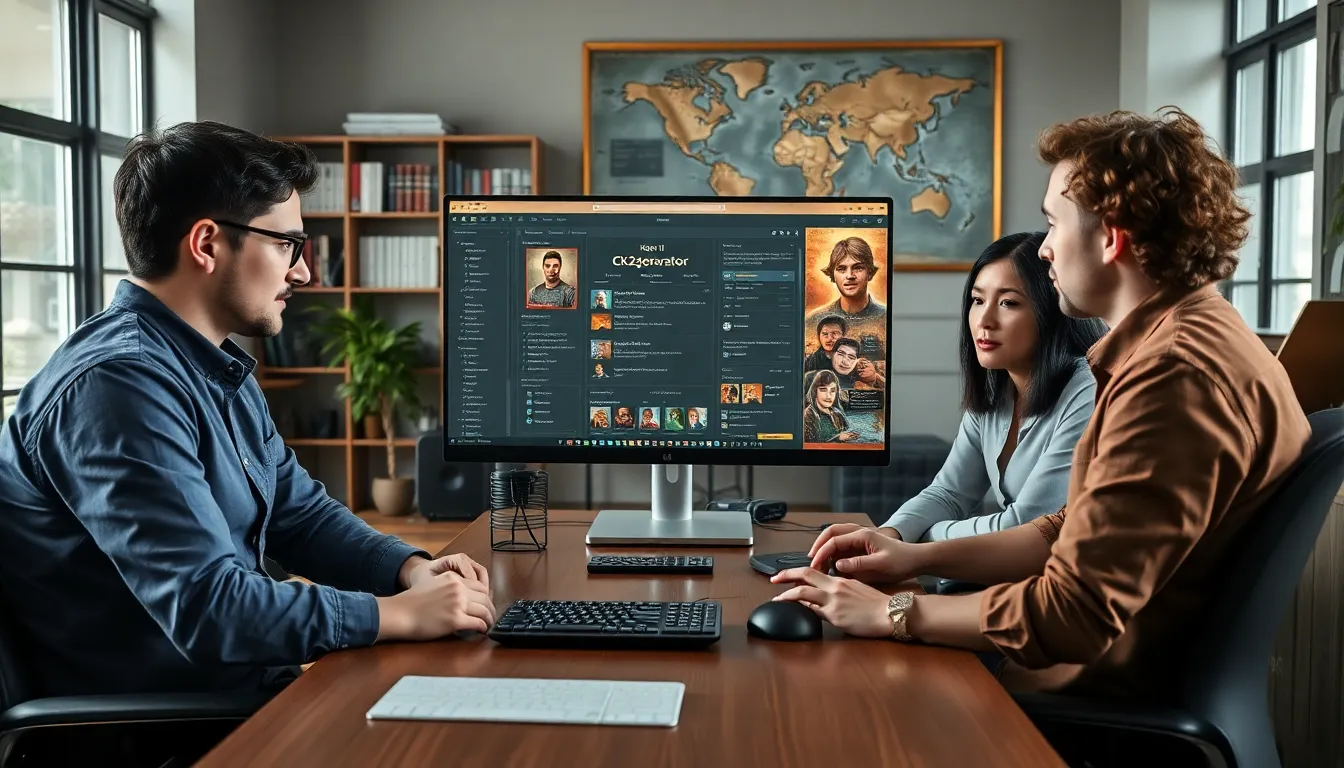 Gamers collaborating at a modern desk with character creation software.