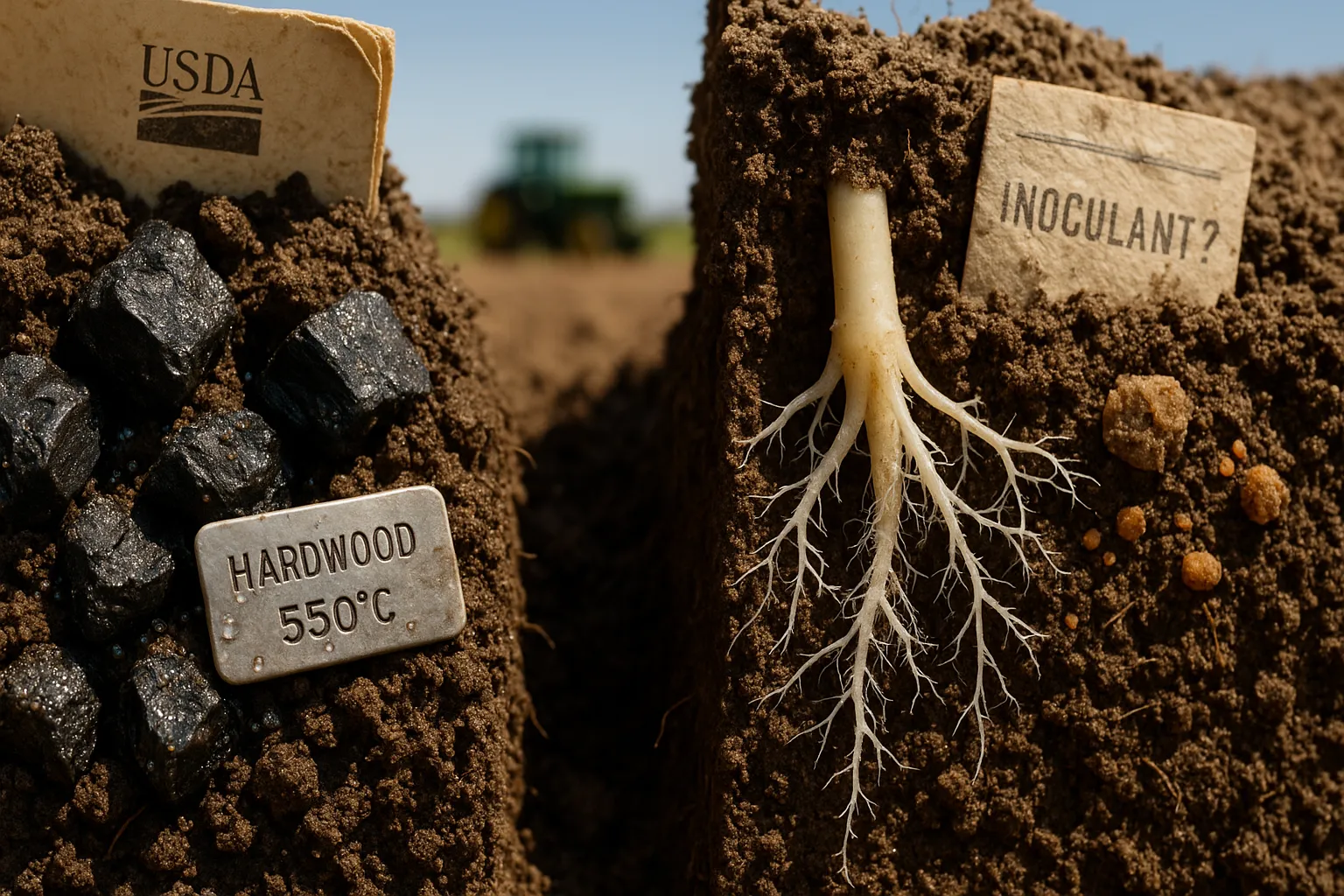 Close-up split soil: biochar pieces left, mycorrhizal-coated root right.